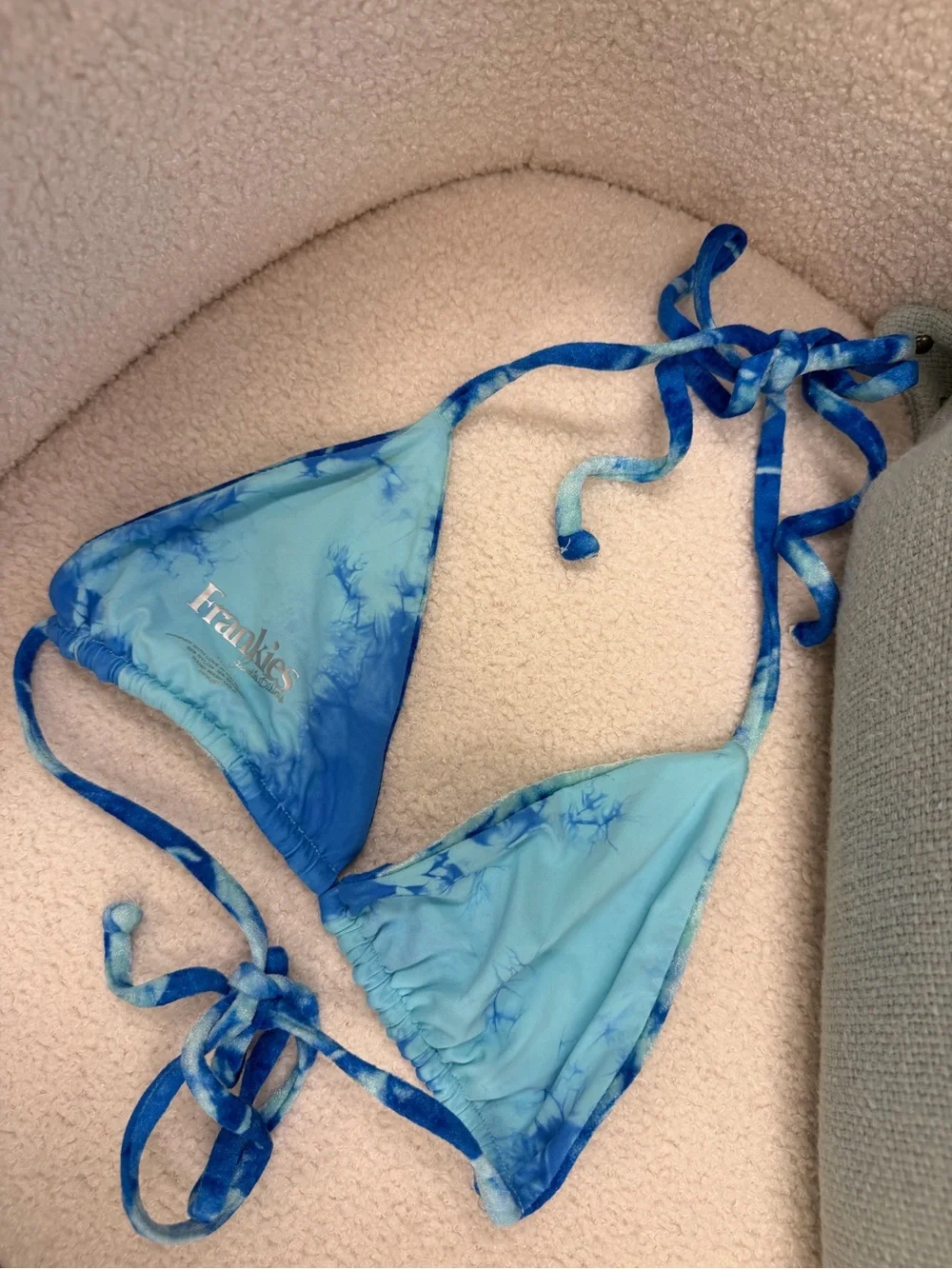 FRANKIES BIKINIS Nicola Top in‎ Aqua Sz L EUC Velour Beach Pool Swim Tie Dye